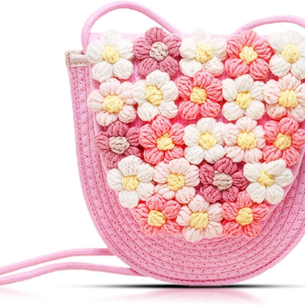 Crossbody bag for women, Pink Purse, Hand-woven Tote Bag, Cute Flowers Knitted C